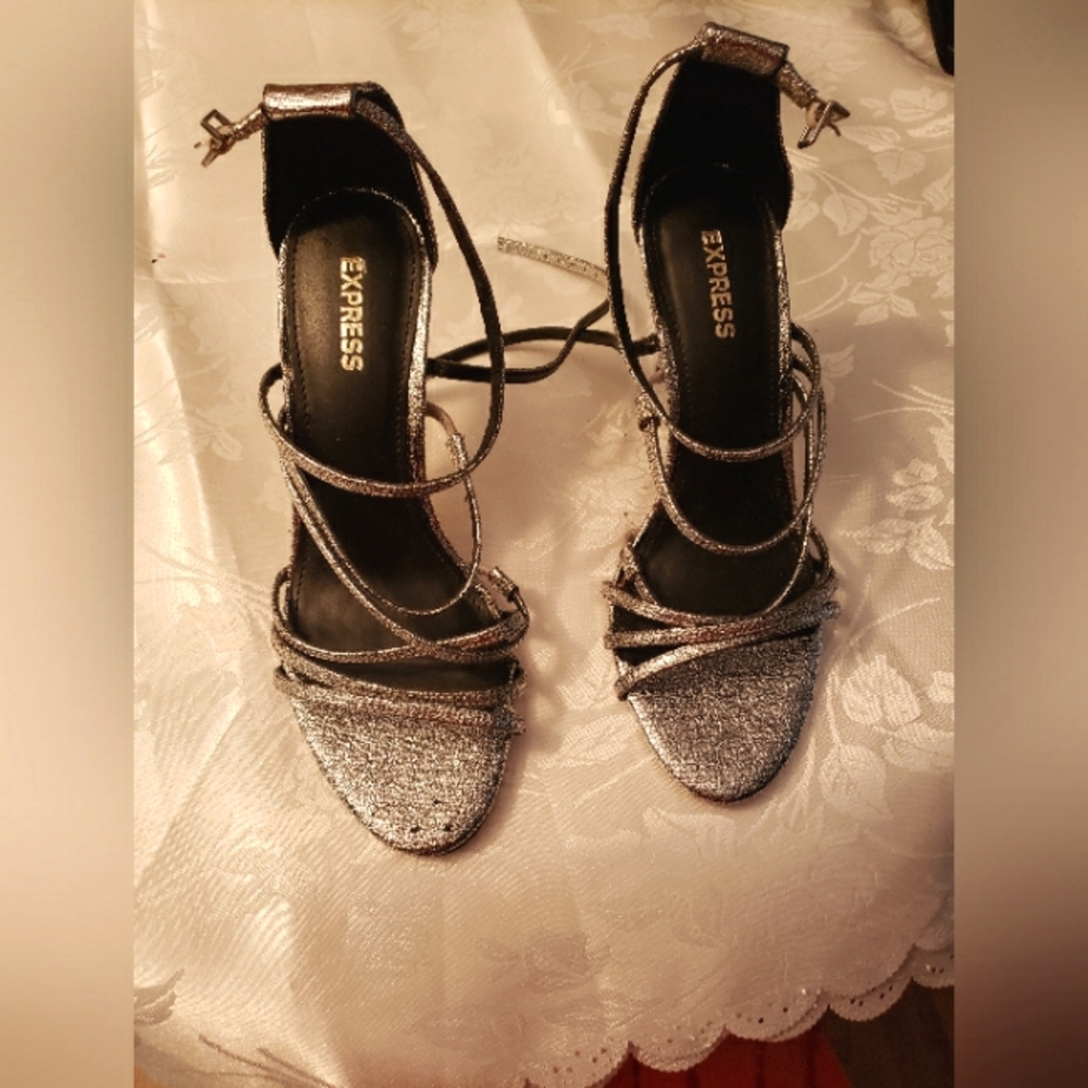 Express, Silver Strappy Dressy  3 3/4" Heels, Worn 1x  Like New, Size 6